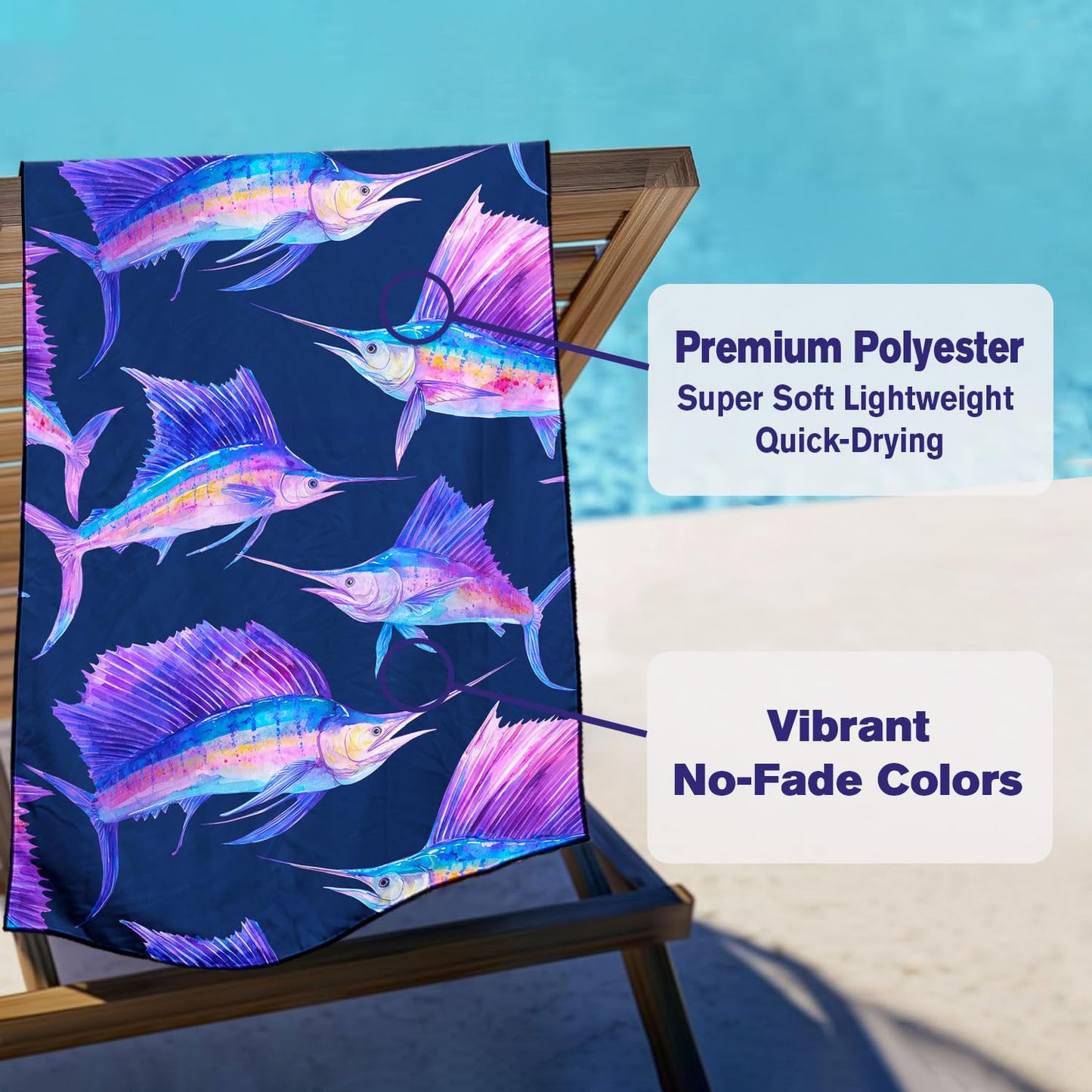 Violetpos Colorful Sailfish Print Beach Towel, Extra Large 180x90 cm 250GSM Microfibre, Sand Free Quick Dry