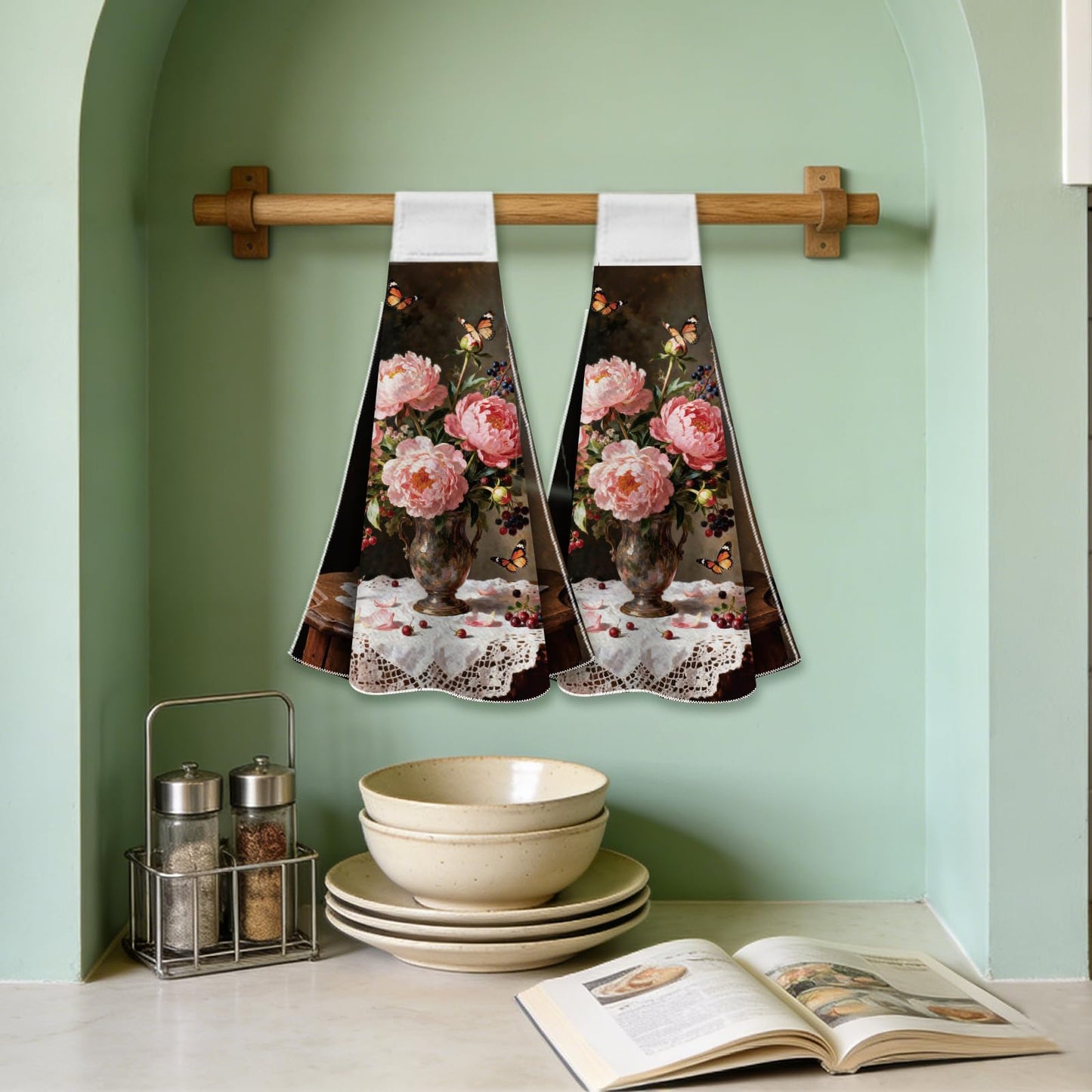 CUTHOLLOW 2 Pcs Pink Flower Oil Painting Hanging Kitchen Towels with Loop