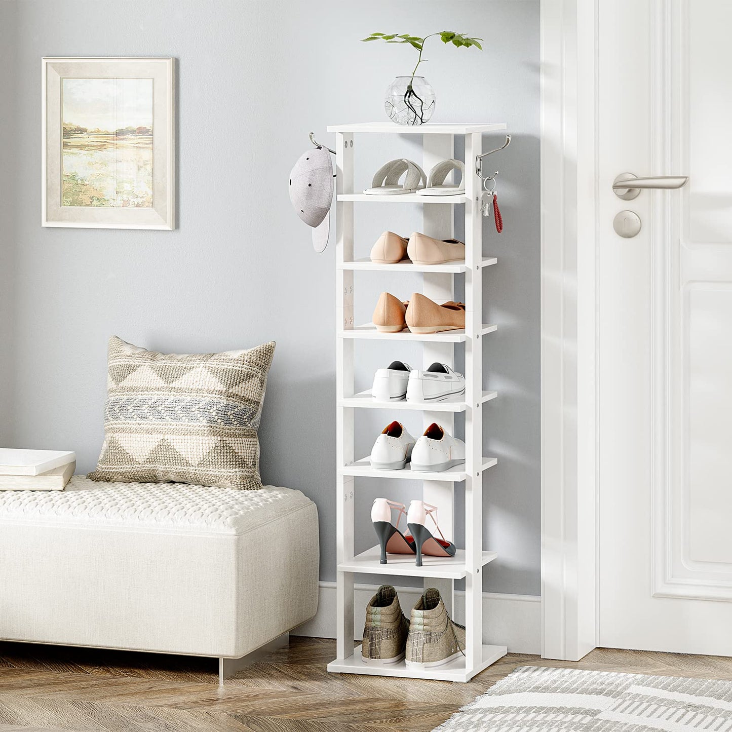 HOOBRO Shoe Rack Wooden, White Shoe Rack, Tall, Narrow Shoe Storage Organizer with 2 Hooks, Slim Shoe Shelf, Vertical Shoe Tower for Entrance, Living