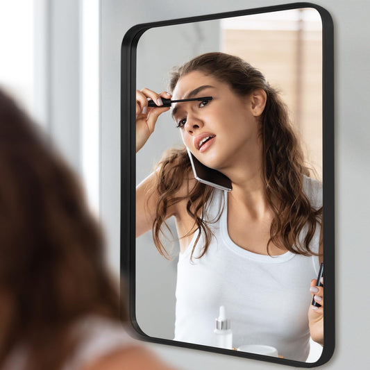 LunaMirror Wall Mirror 50x75 CM Wall-Mounted Bathroom Vanity Mirror Stylish Black Mirror Wall Decor Rectangle Wall Hanging Mirror with Curved Corners