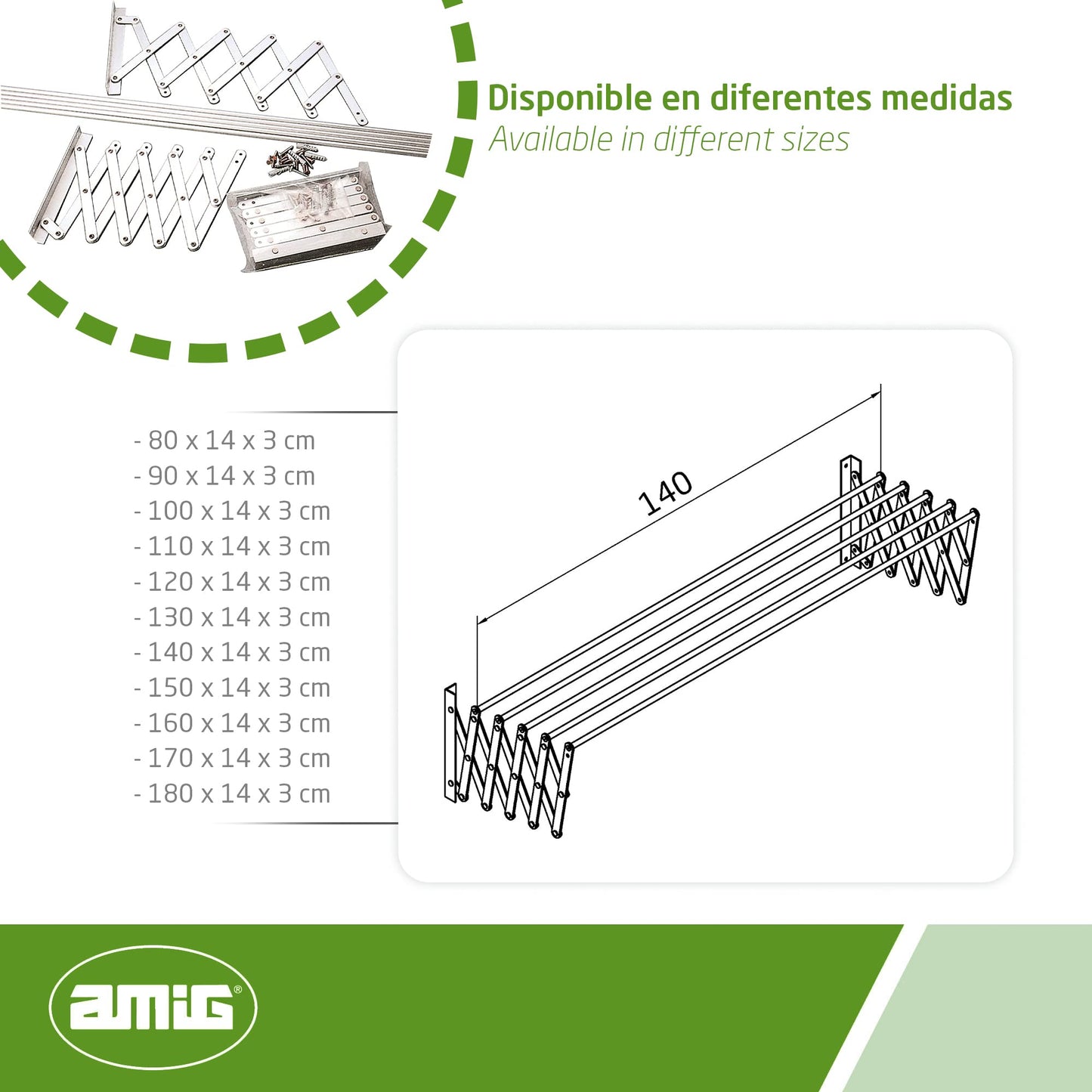 Amig - Wall Mounted Clothes Airer 140cm | Aluminium Drying Length | Extendable Clothes Line with 5 Bars | Dimensions: 140 x 14 x 3 cm | Foldable