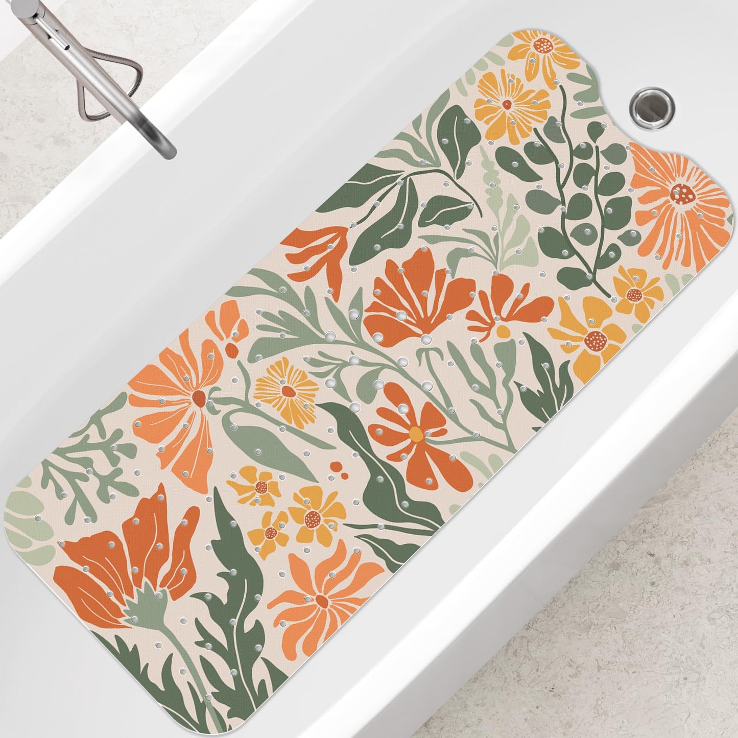 SHUCHING Retro Orange Flowers Bath Mat Non Slip Anti Mould, 100 X 40 cm Extra Long Bathtub Mat Anti Slip