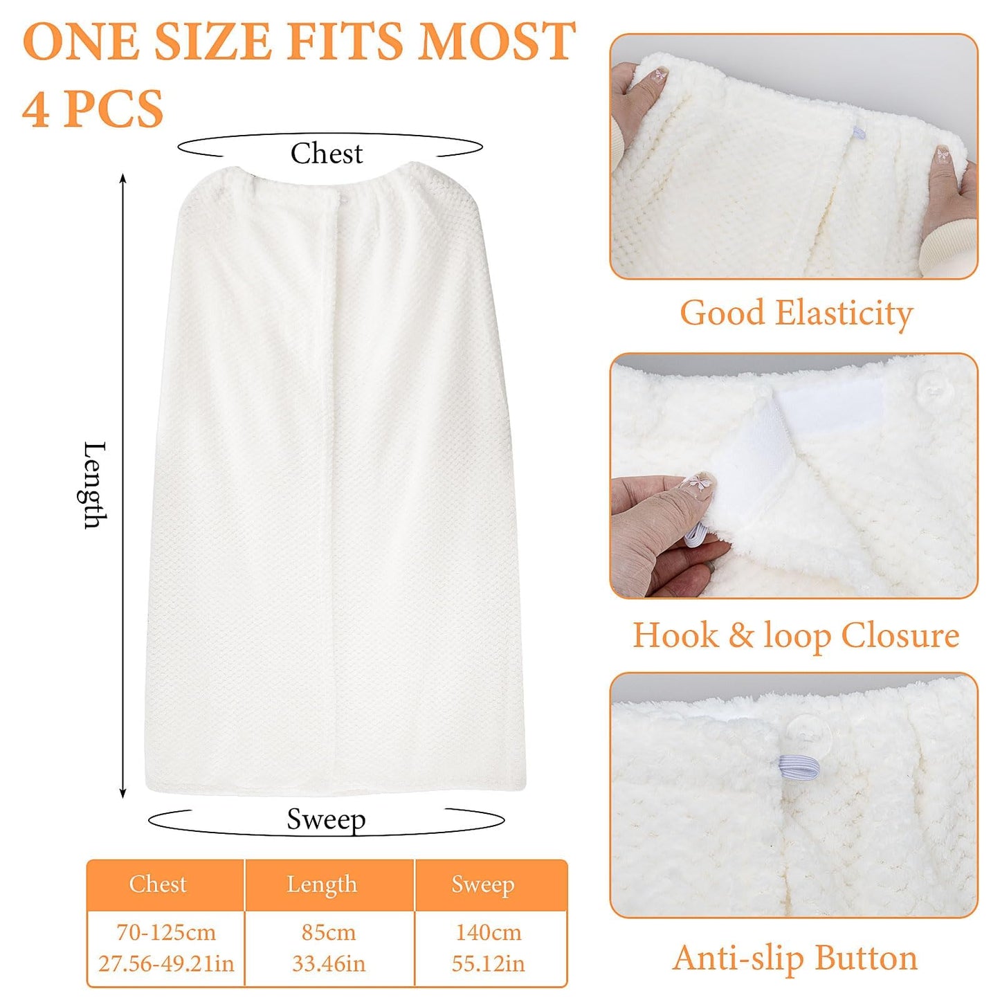 YFNVH 4 Pack Women Towel Wraps with Velcro Closure, White Spa Body Wraps