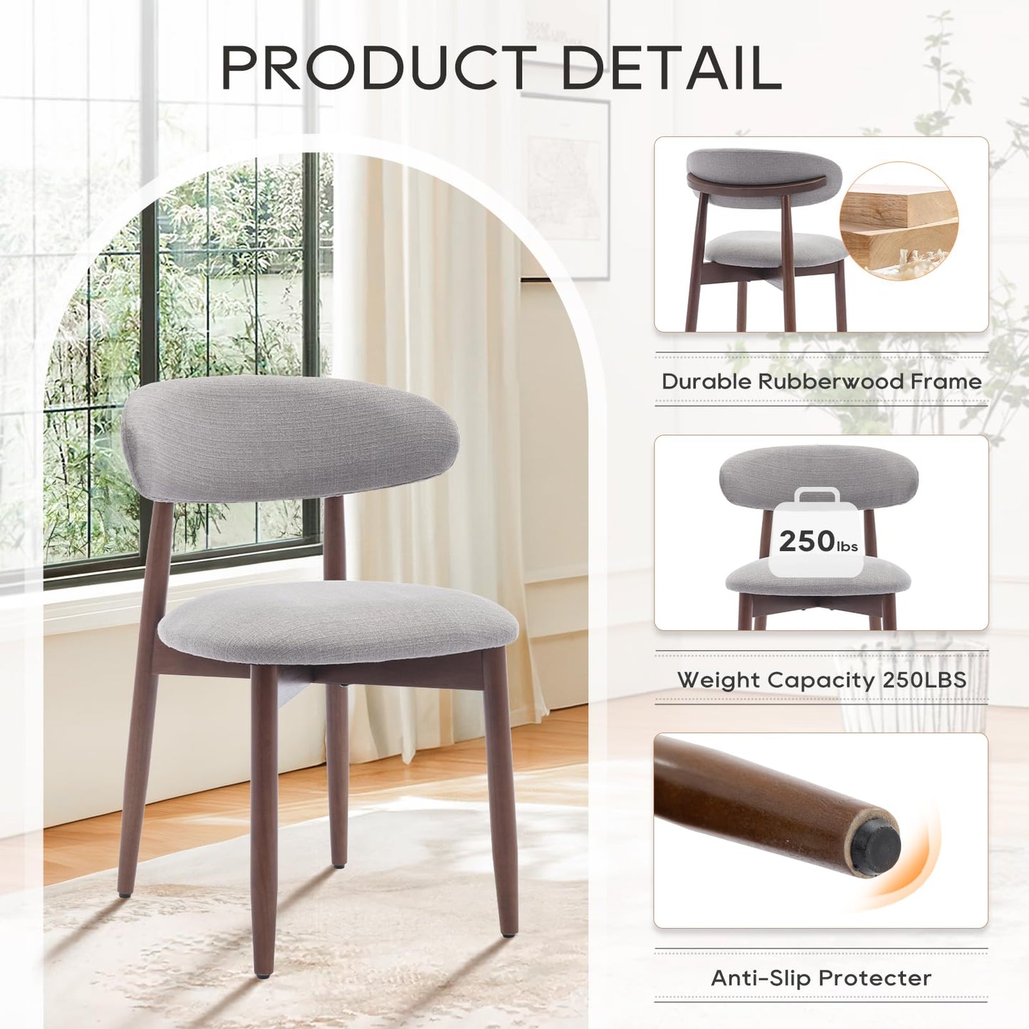 COLAMY Modern Dining Chairs Set with Wooden Legs – Upholstered Fabric Dining Room Chairs with Curved Backrest, Soft Cushion Seat