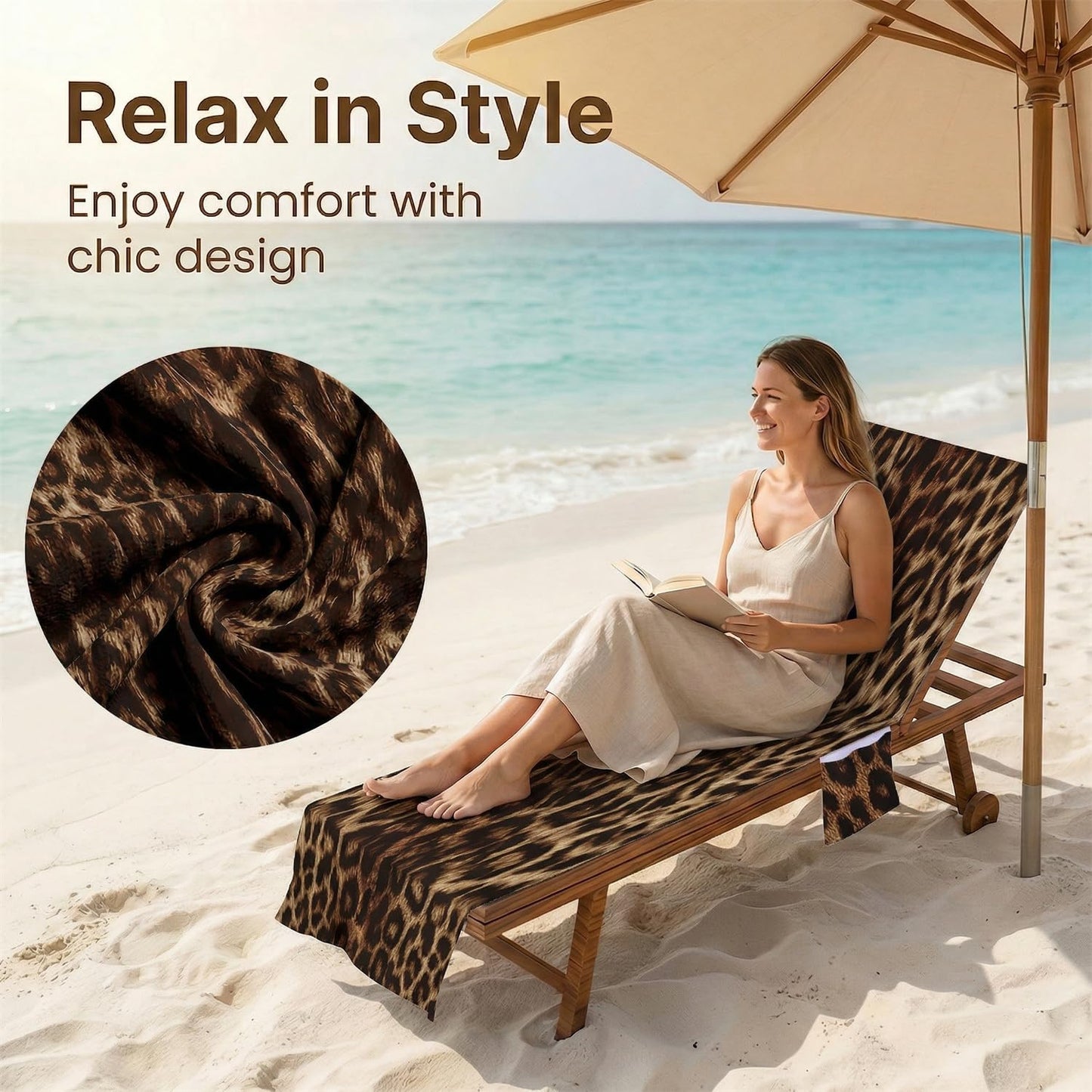 Surwin Sun Lounger Towel with Pockets, Leopard Print Beach Towel Chair Cover Sunbed Towels Lounger Bag for Summer Holiday Outdoor Garden Pool