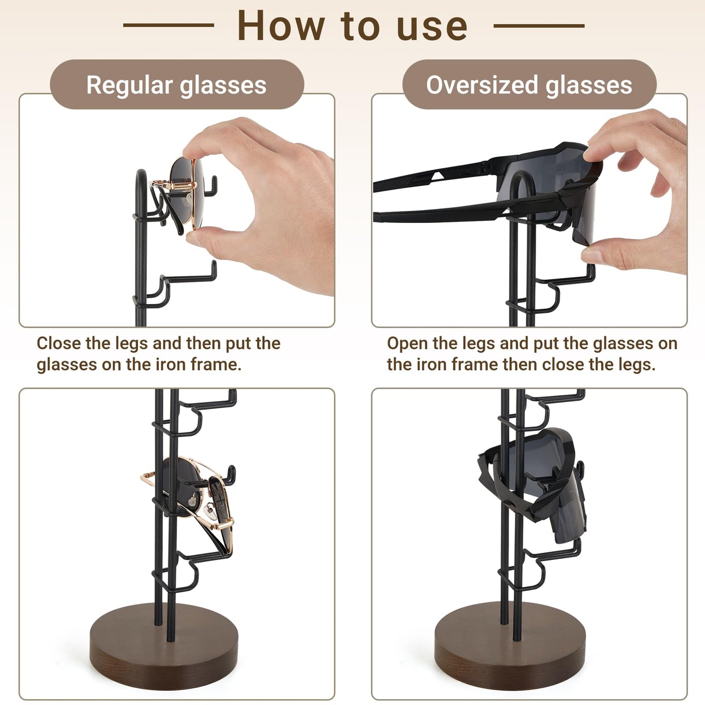 Mkono Sunglasses Organizer Glasses Holder Stand Sunglass Storage Eyeglasses Rack Metal Frame with Wood Base for 5 Pairs of Eyewear Display for Table