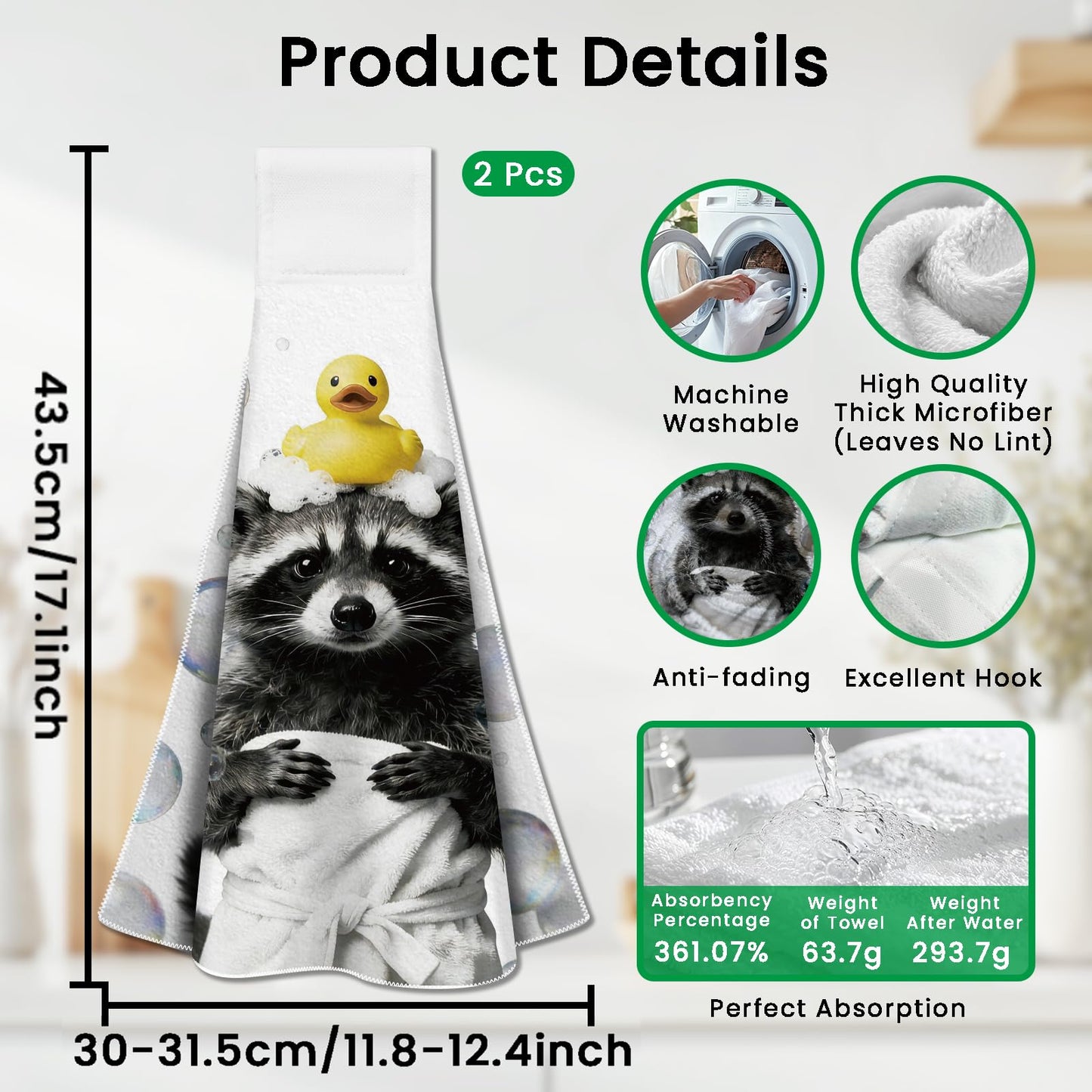 CUTHOLLOW 2 Pcs Bathroom Raccoon Hanging Kitchen Towels with Loop