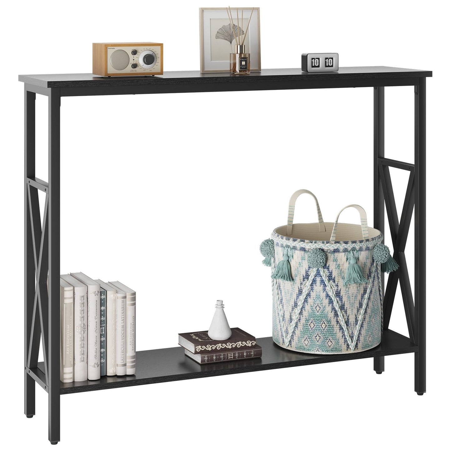 YMYNY Console Table Narrow Sofa Table with Shelves Black HST007B