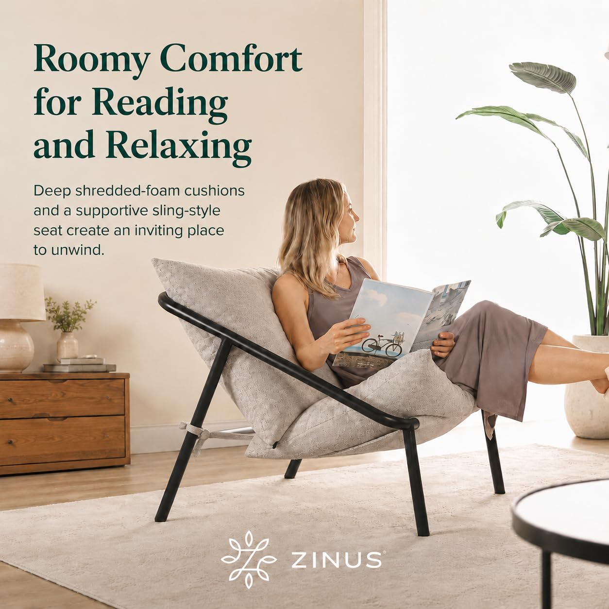 Zinus Ada Sling Accent Armchair, Oatmeal Beige, 78 x 78 x 69 cm