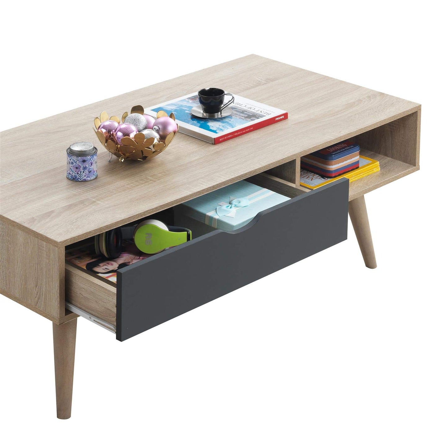 Timber Art Design UK Alford Scandinavian Coffee Table With Drawer and Wooden Legs Storage Shelf Rectangular for Living Room, Home