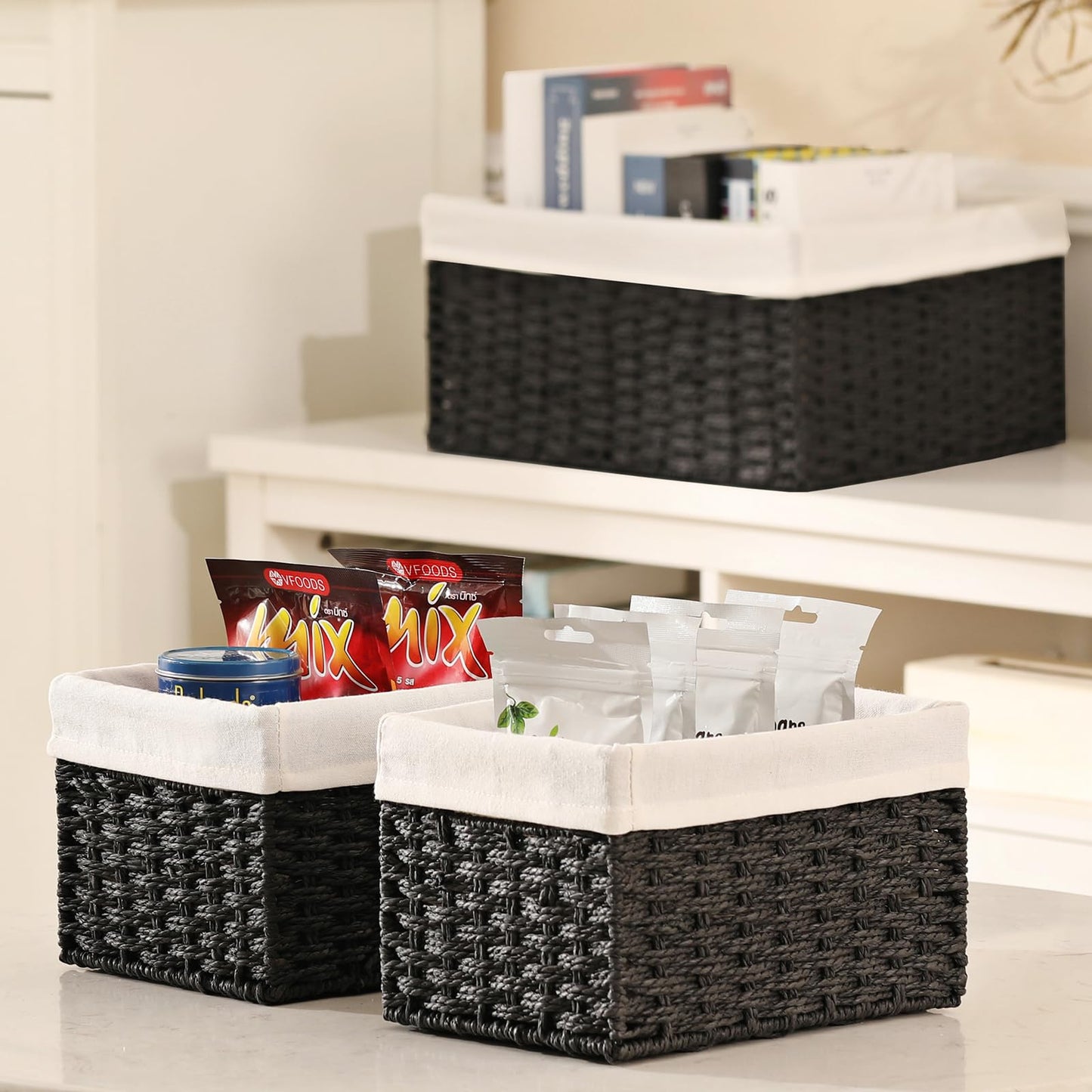 Vagusicc Wicker Storage Basket, Set of 3 Rectangular Storage Gift Hamper Basket with Removable Fabric Lining