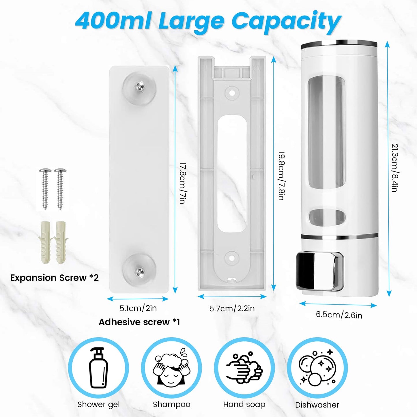 White Soap Dispenser Wall-Mounted, No-Drill Installation for Liquid Lotion, Shower Gel, Shampoo, Conditioner & Dish Detergent