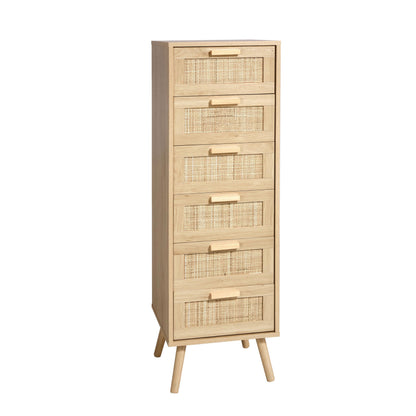 Finnhomy Rattan Chest of Drawers Bedroom, Tall Chester of Drawers with 6 Hand Made Rattan Decorated Drawers for Bedroom
