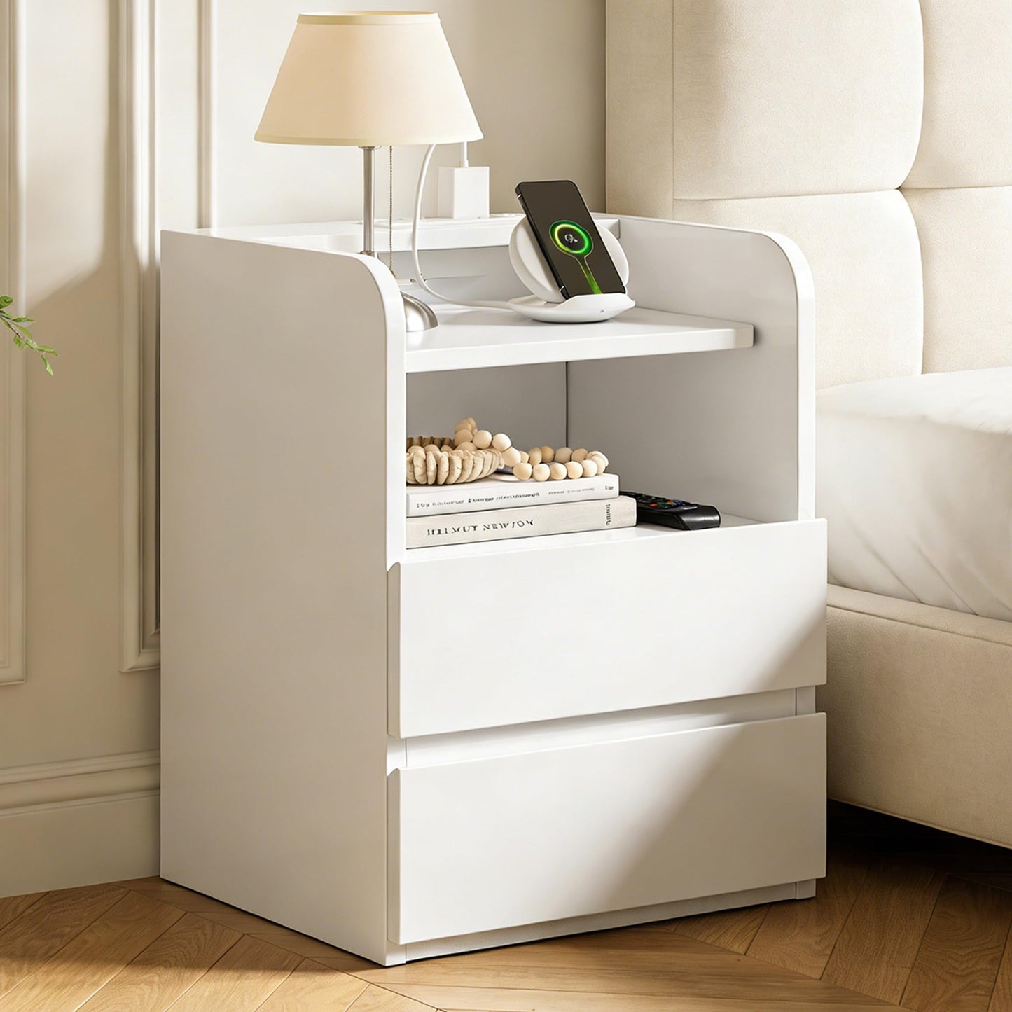 Feonase Bedside Table with Charging Station, 2-Drawer Nightstand with Outlets & USB Ports, Modern Side Table for Bedroom or Living Room, White