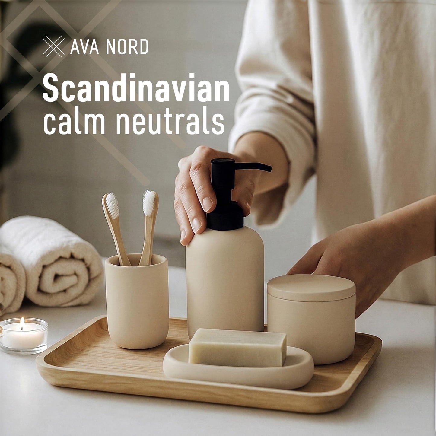 Ava Nord Modern Minimalist Ceramic Bathroom Accessories | Set of 4 | Cream