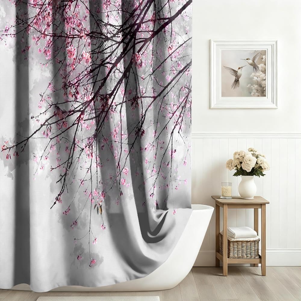 Xiaoterna Spring Shower Curtain Cherry Blossom Shower Curtain Red Plum Floral Bathroom Curtain Chinese Oriental Ink Painting Floral Shower Curtain