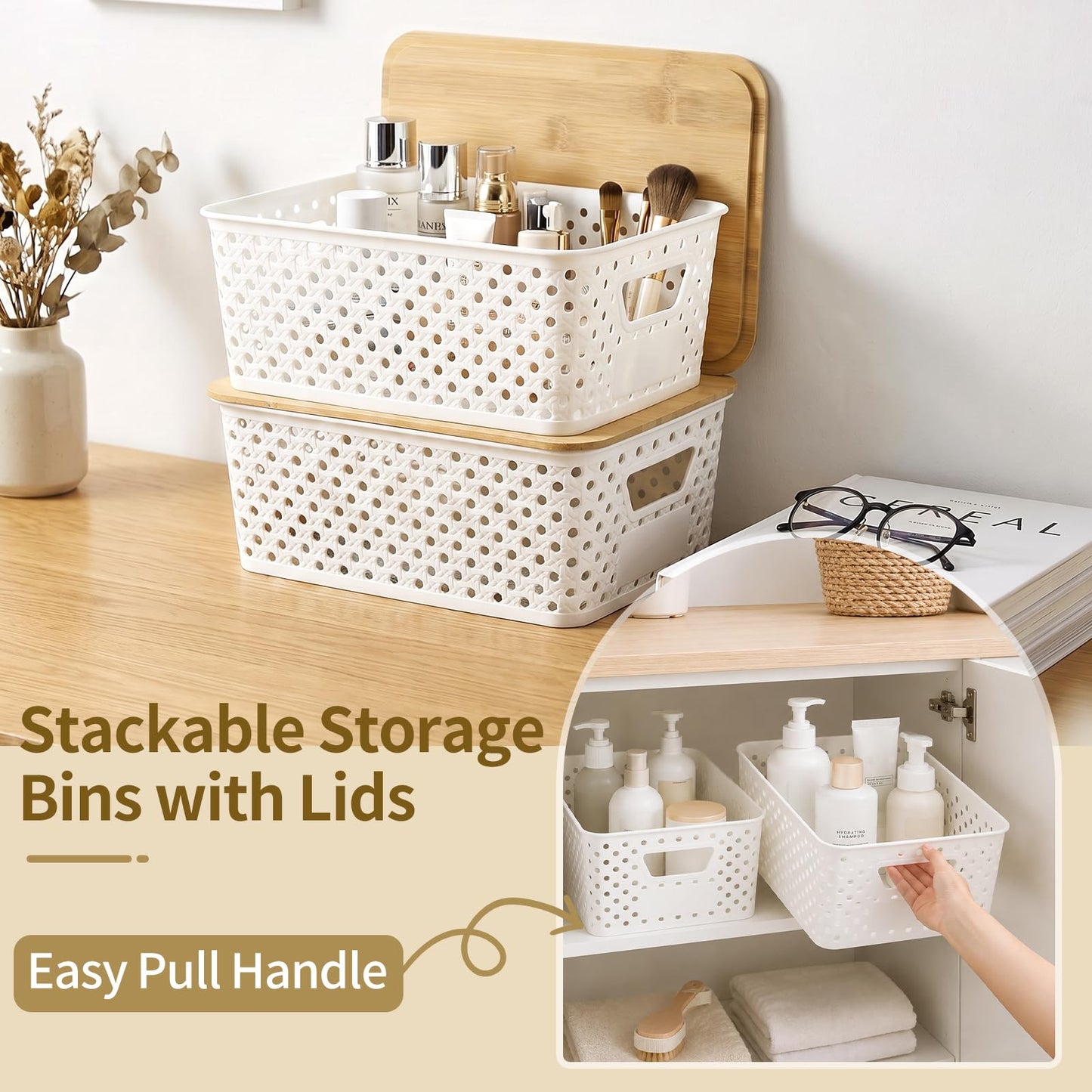 Yekolau 6 Pack Storage Bins for Shelves, Plastic Storage Containers with Bamboo Lids for Organizing, Stackable Storage Boxes with Handle