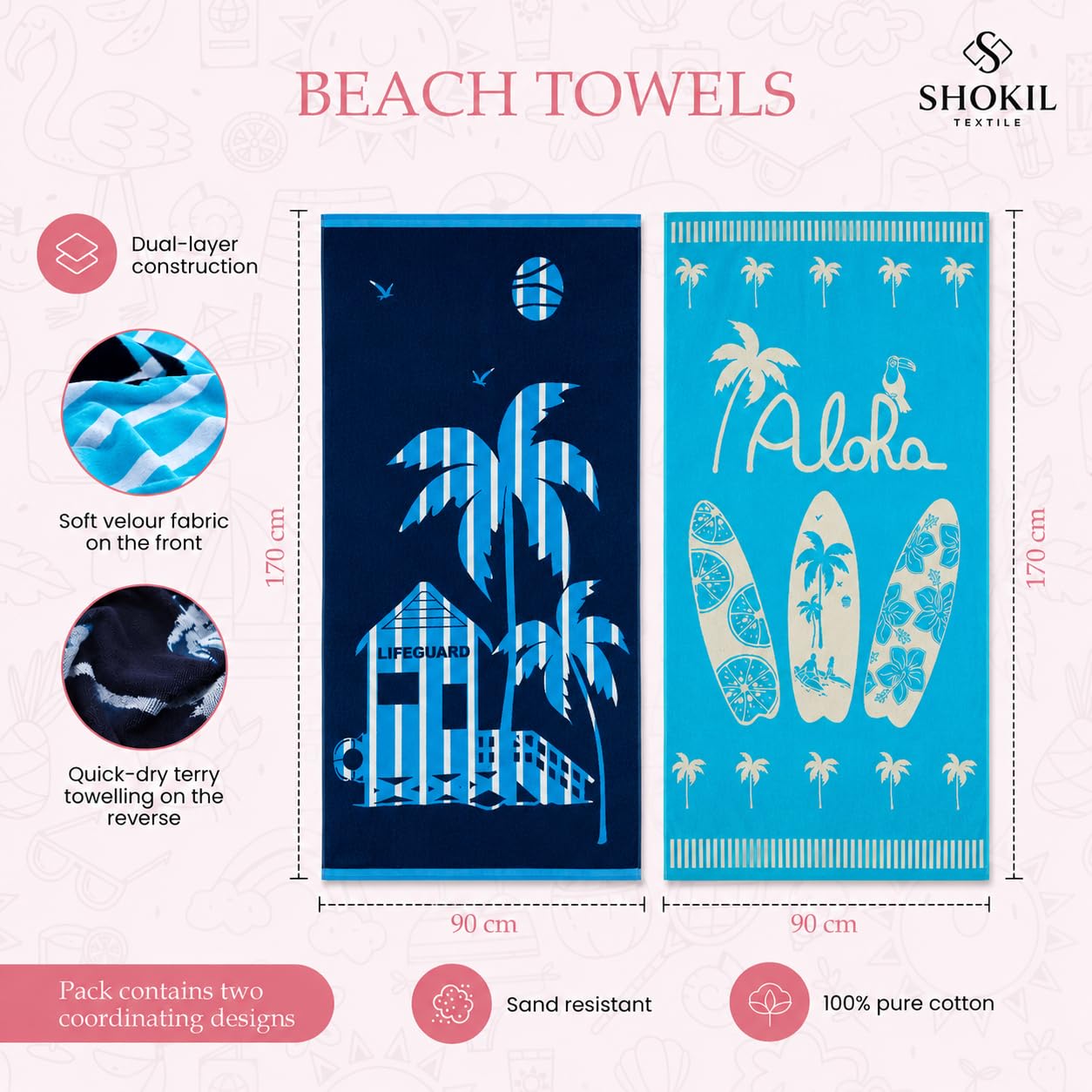 Large Egyptian Beach Towels For Adults 100% Cotton - Pack of 2
