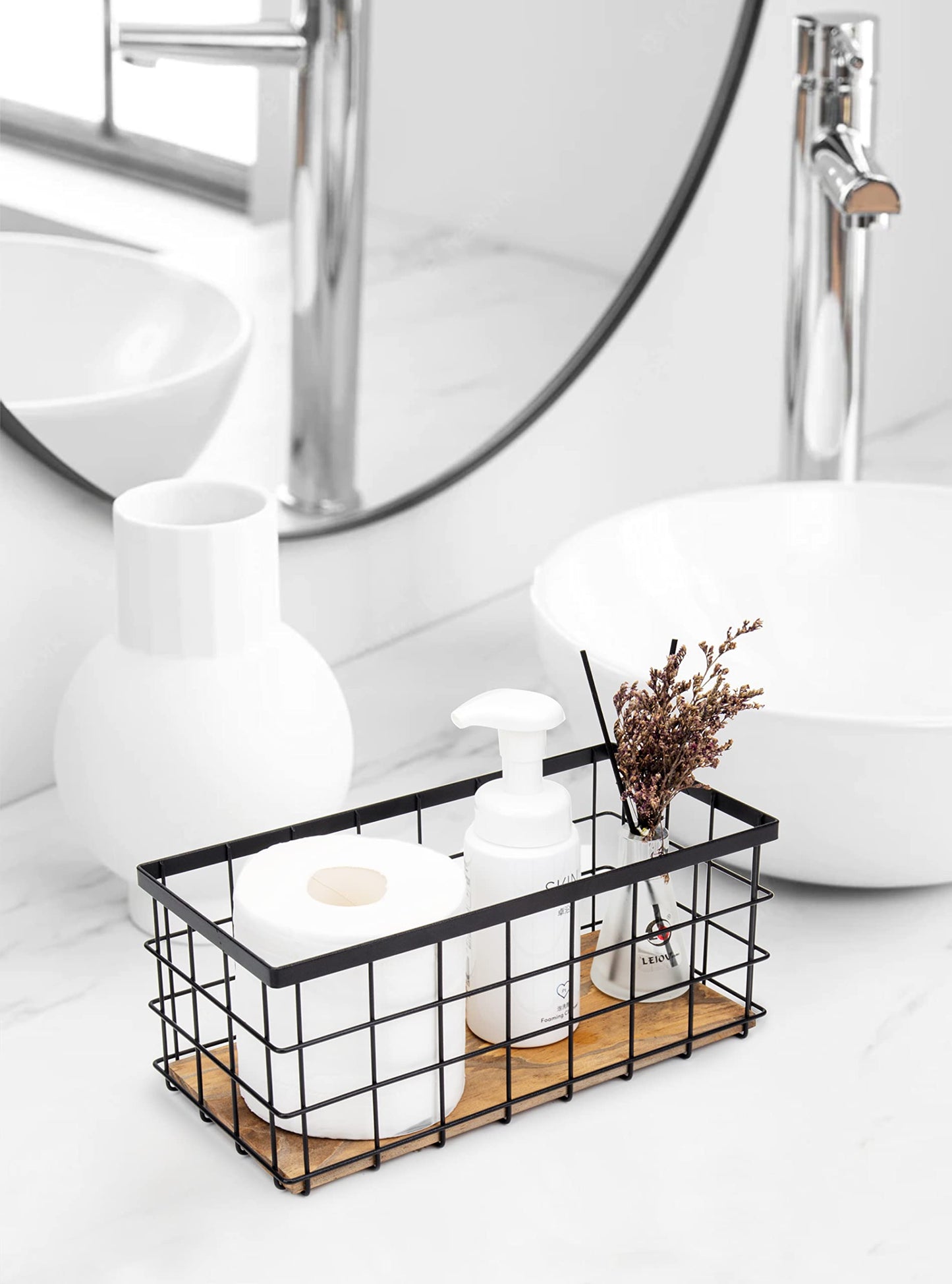 TIEYIPIN Farmhouse Decor Metal Wire Storage Baskets, Wood Base Containers Organizing Basket Caddy Bin for Kitchen Cabinets, Bathroom, Pantry, Garage