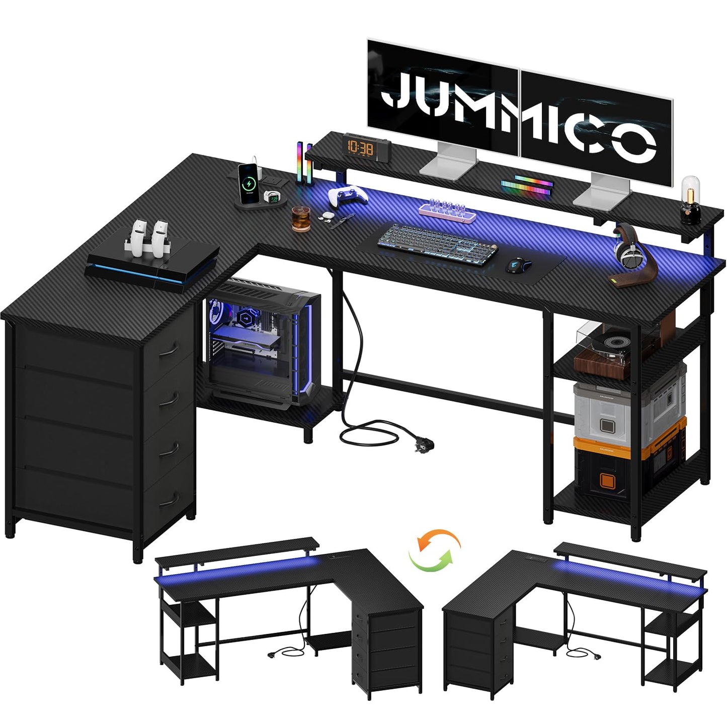 JUMMICO 155cm L‑Shaped Gaming Desk with Monitor Shelf & Power Outlets, Reversible Corner Computer Desk with Drawers & Storage Shelves for Home Office