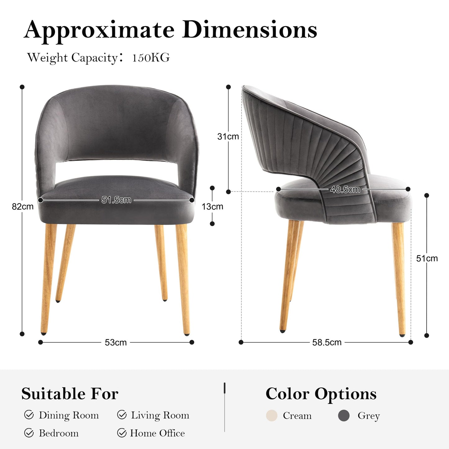 younturn Modern Velvet Upholstered Dining Chairs Set of 2, Comfortable Padded Kitchen Chairs with Armrests
