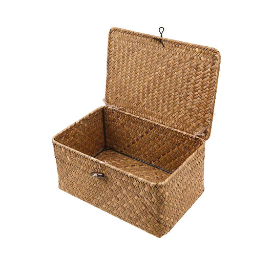 Wicker Storage Basket Woven Rattan Storage Box With Lids Seagrass Laundry Baskets Makeup Organizer For Bathroom, Living Room, Kitchen XXL