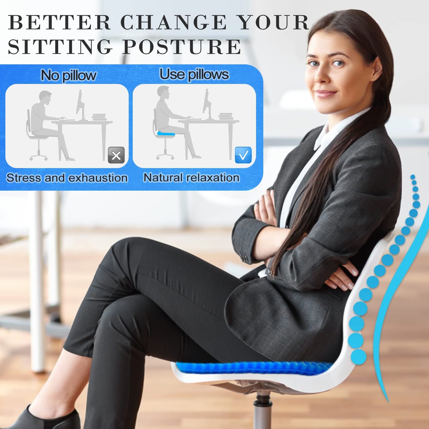 Mnixy Gel Seat Cushion, Double Thick Breathable Seat Cushion Cool Gel Cushion Honeycomb Design,Breathable Lumbar Support Chair Cushion With