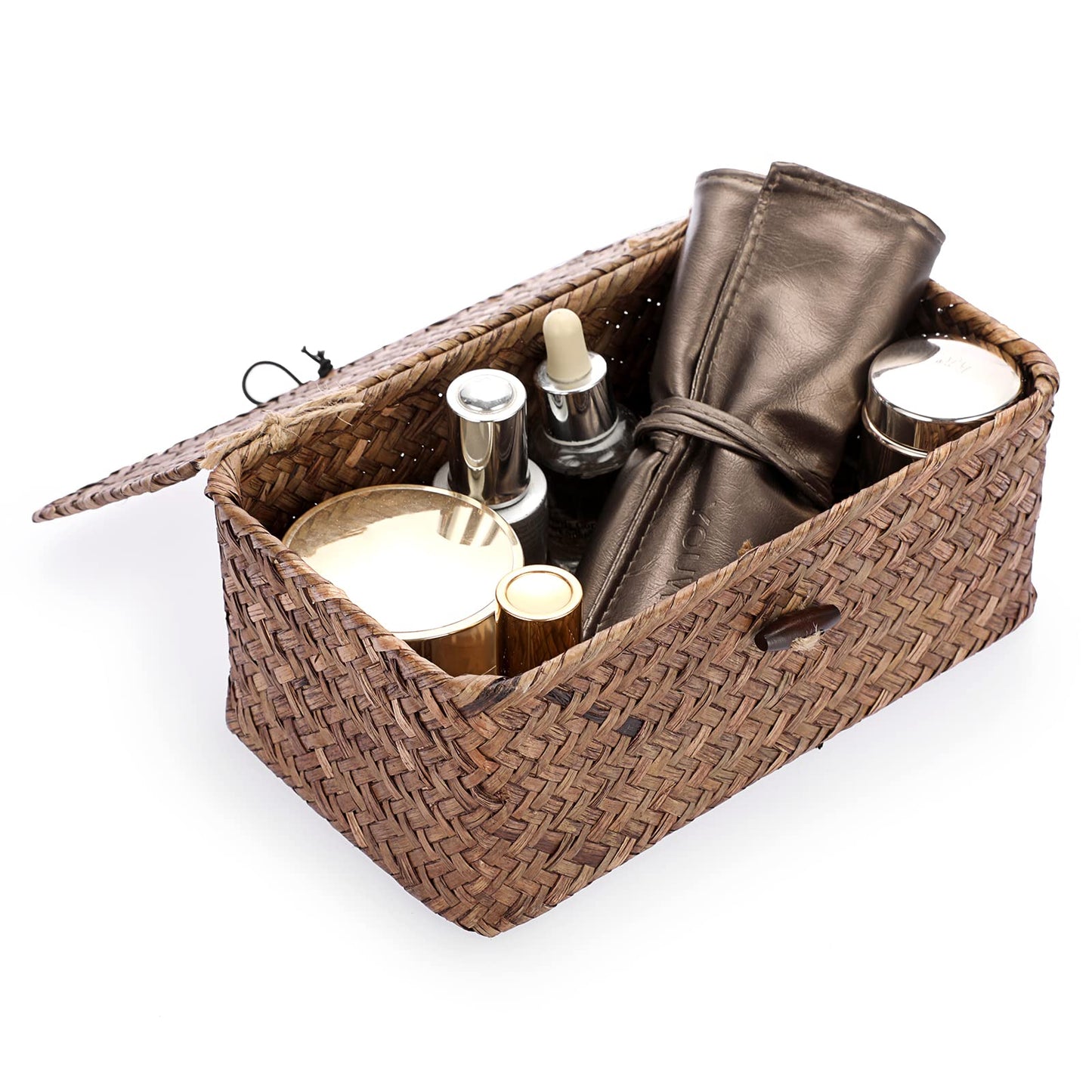 IGNPION Seagrass Storage Basket with Lid Woven Seagrass Desktop Basket Rectangular Bathroom Storage Organiser Box