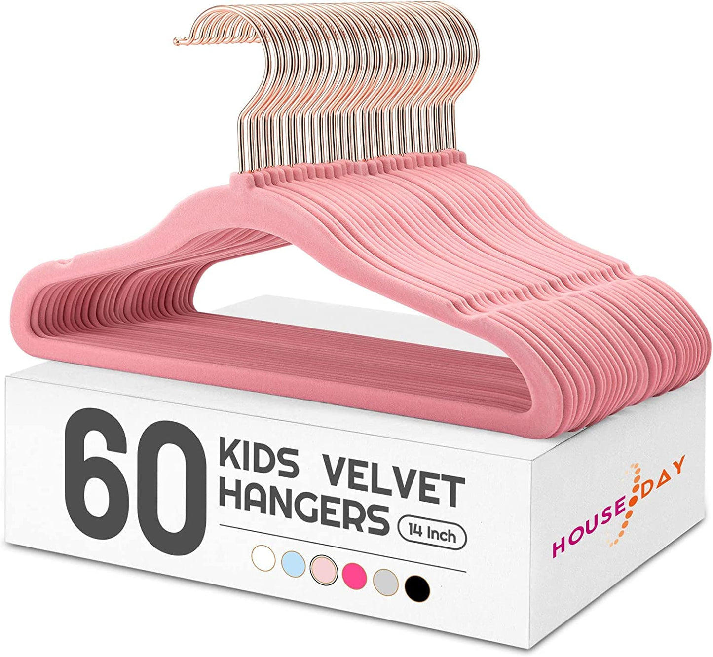 HOUSE DAY Kids Hangers, 60 Pack Velvet Coat Hangers, 14in, Ages 3-15, Pink