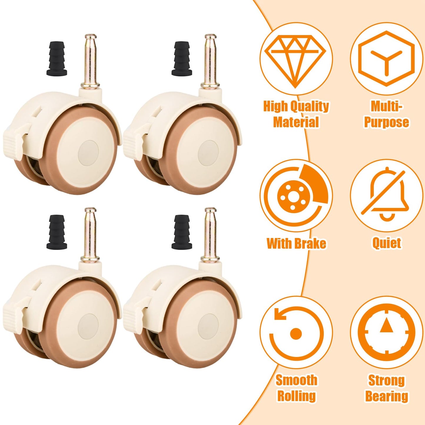4 Pcs Swivel Double Castors with Rubber Sleeve and Brakes, Metal Plunger Stem Design Small Furniture Wheels, Crib Replacement Caster for Cabinet
