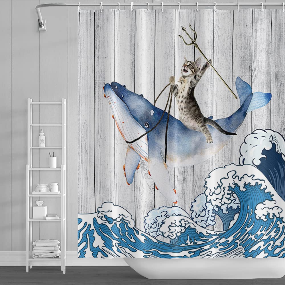 SDOTPMT 180x180cm Funny Cat Riding Whale Shower Curtain Vintage Wood Floor Japanese Sea Ocean Wave Bath Curtain Cute Cartoon Bathtub Curtain for