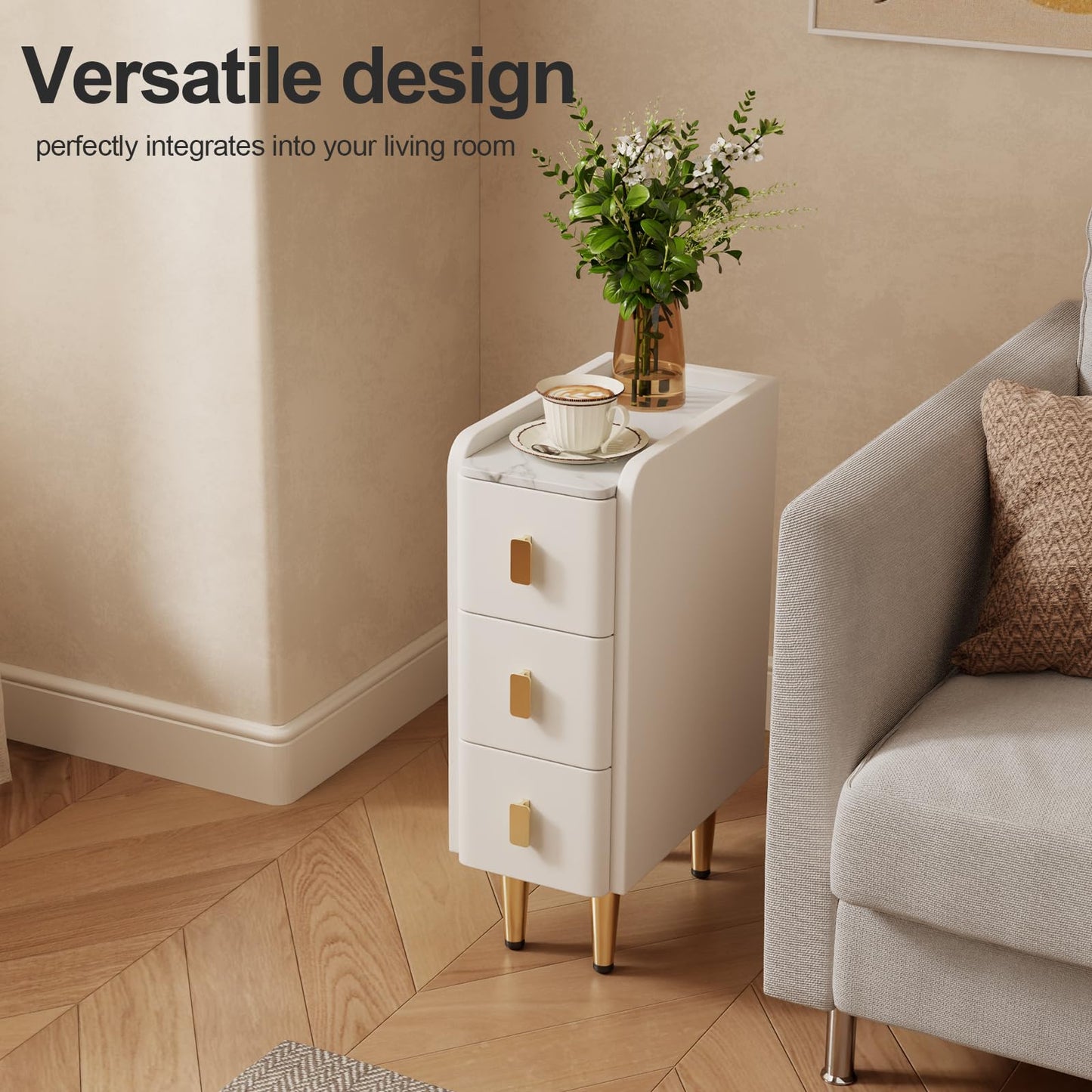 AQIMUELE Narrow Nightstand, Side Table with 3 Drawers, Bedside Cabinet with Elegant Leather Surface, Night Table for Bedroom, Living Room