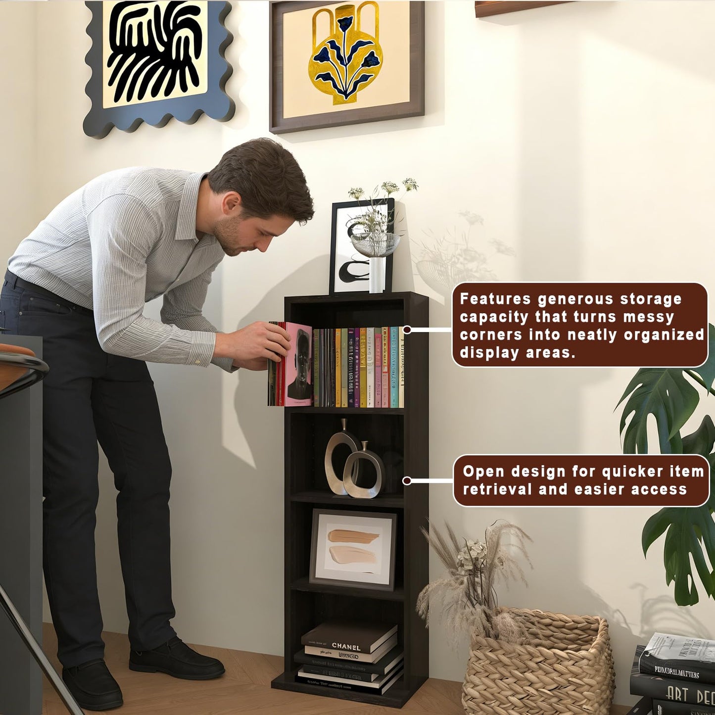 CTESNE【Sturdy Build&Easy Assembly 4 Tier Wooden Book Shelf with Anti-Tipping Kits,Thick Frame Bookcase,Open Living Room Furniture,Book Case for