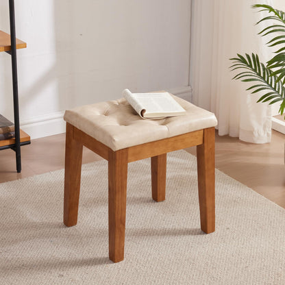 MILCIL Ottoman Vanity Wooden Stool with Padded Seat, Faux Leather Ivory