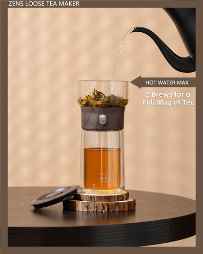 ZENS Modern Solo Tea Infuser Teapot, Smart One Touch Drip Tea Pot for Loose Tea Diffusers, Small Glass Gongfu Teapot with 270ml Insulated Cup and