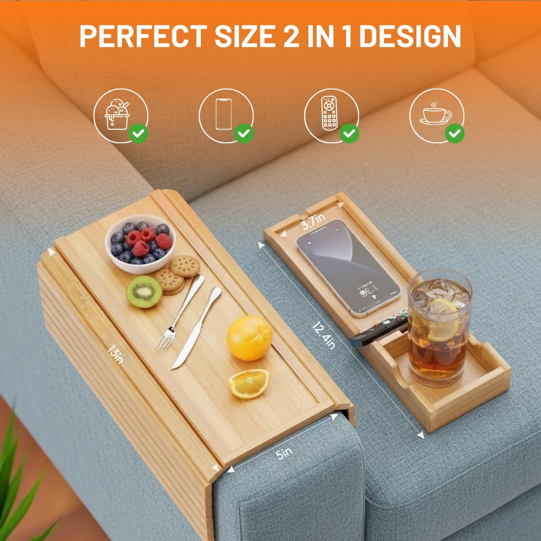 Hazzas Bamboo Couch Armrest Table, Sofa Arm Tray with Detachable Couch Cup Holder - 2 in 1 Anti-Slip Foldable Sofa Armchair Caddy Table