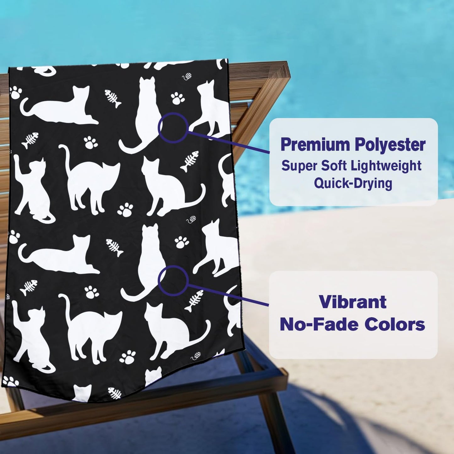 Violetpos Black White Cat Silhouette Beach Towel, Extra Large 180x90 cm 250GSM Microfibre, Sand Free Quick Dry