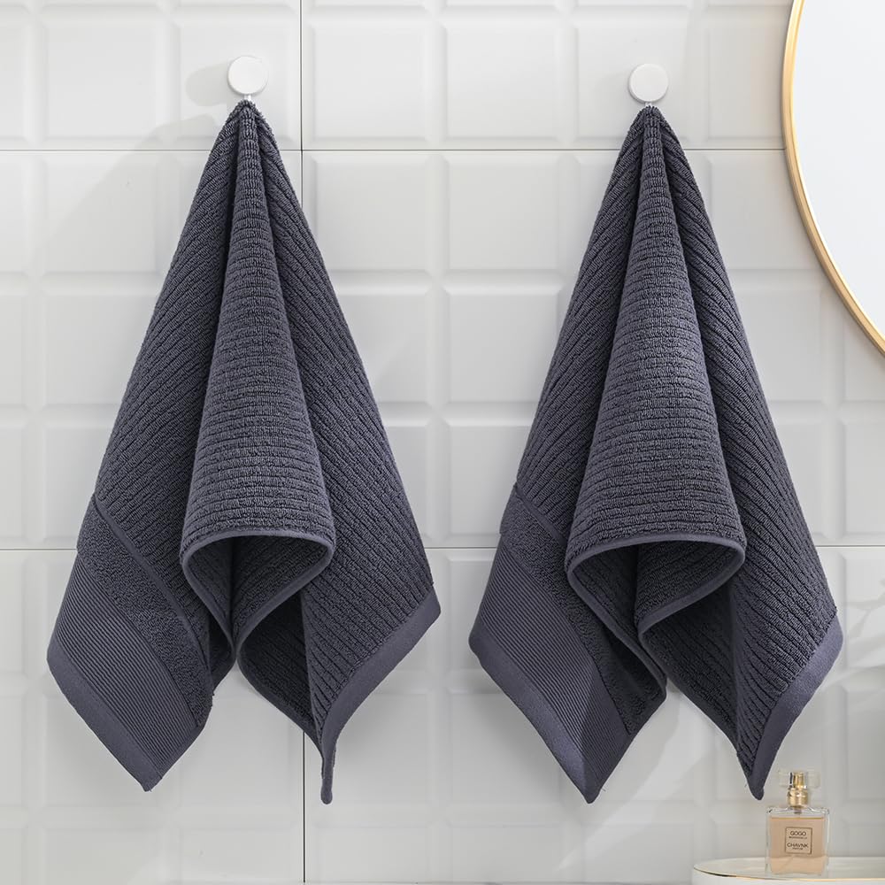 sense gnosis Super Soft Grey Thick Hand Towel Ribbed Striped Pattern 100% Cotton Absorbent Decorative Towel for Bathroom Home 13 x 29 Inch, 2 Pack