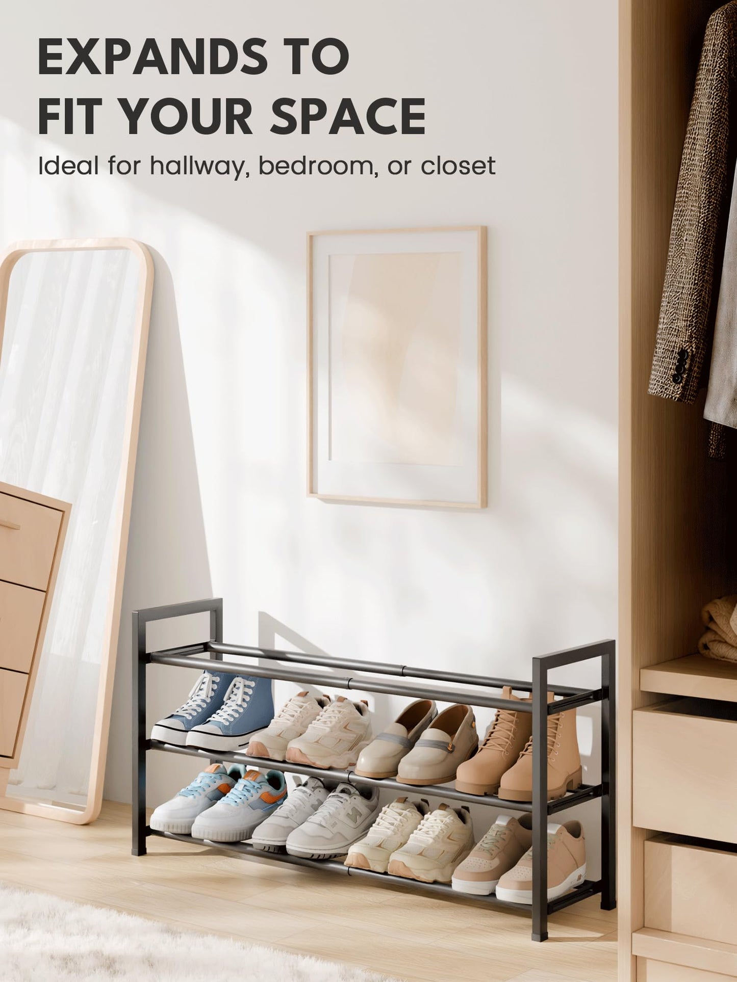 Bumusty 3 Tier Expandable Shoe Rack, Black