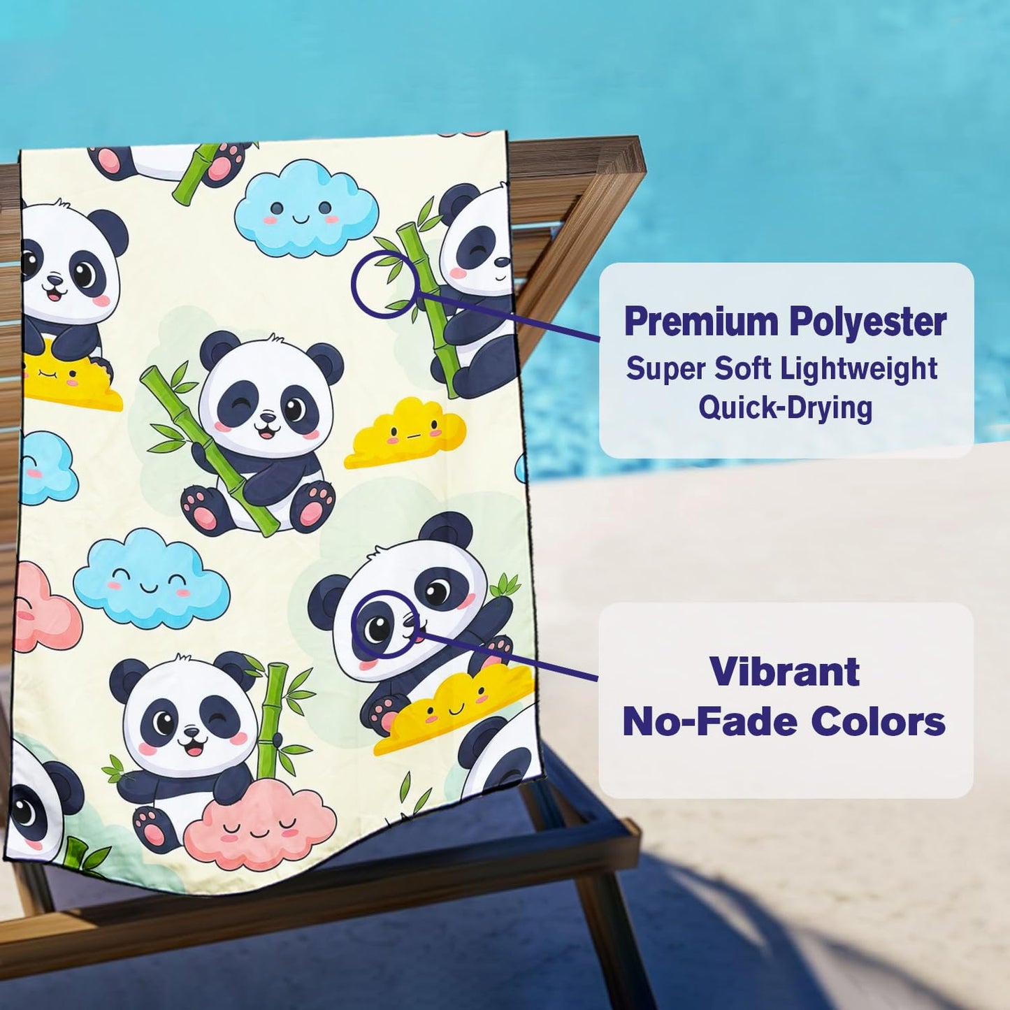 Violetpos Cute Panda & Cloud Beach Towel, Extra Large 180x90 cm 250GSM Microfibre, Sand Free Quick Dry