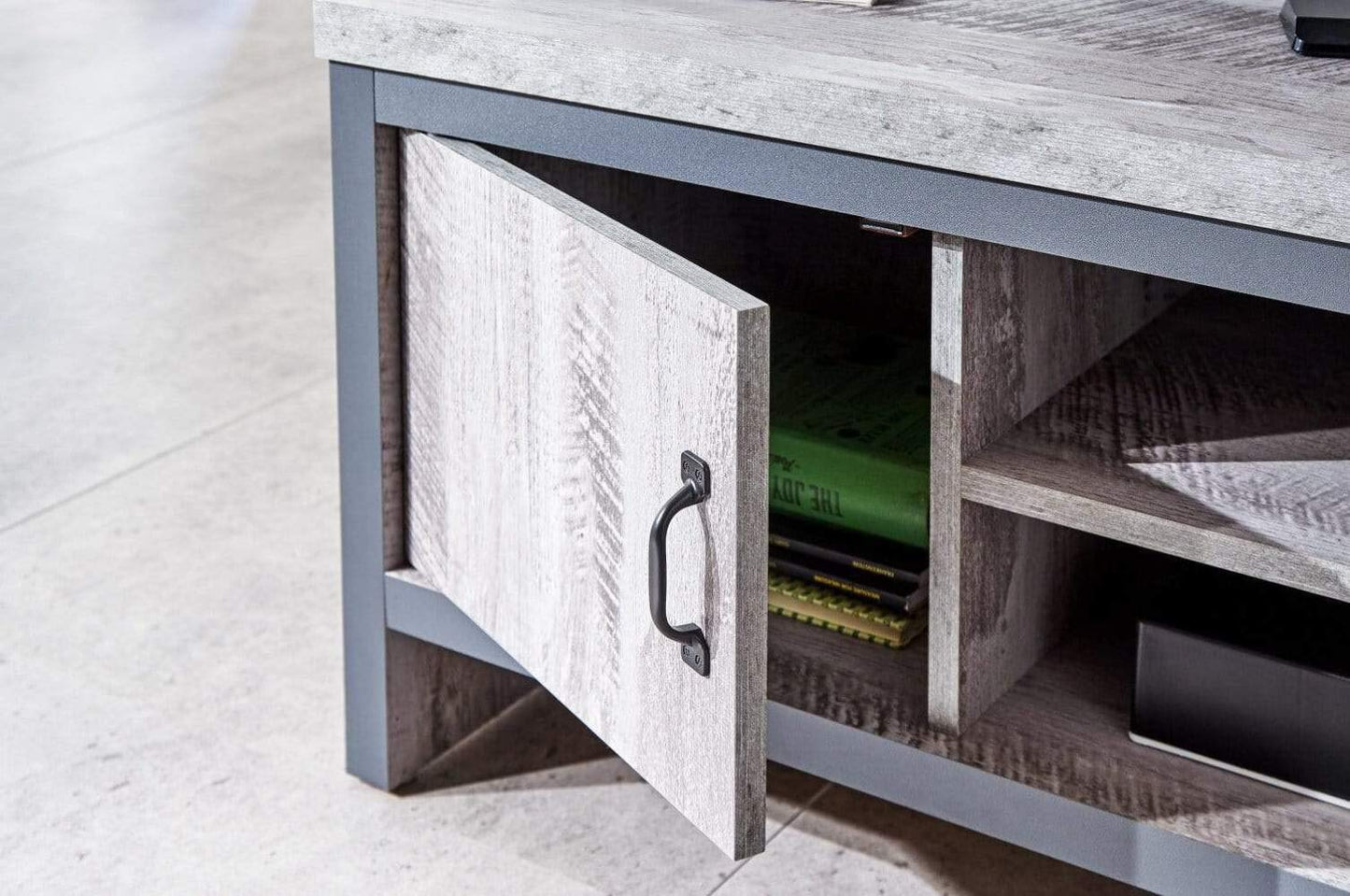 GFW Boston Grey Wood Effect TV Cabinet, 2 Door TV Unit with Open Media Shelf, Industrial Entertainment Stand for Living Room