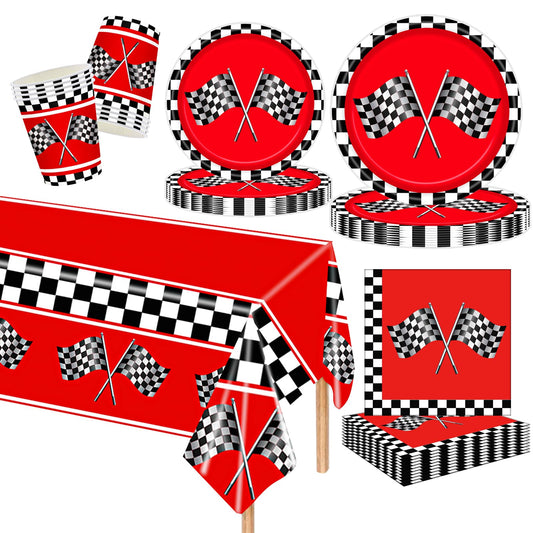 MORAINJAY 97 Pcs Racing Car Party Decorations,Black White F1 Checkered Flag Party Tableware Set,Birthday Paper Plates,Paper Cups,Napkins,for Kid