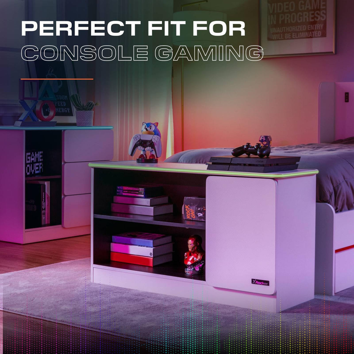 X-Rocker Carbon-Tek 100cm Width, RGB LED TV Stand Media Centre - Neo Fibre Lighting, 2 Open Shelves, 2 Shelf Storage Cupboard