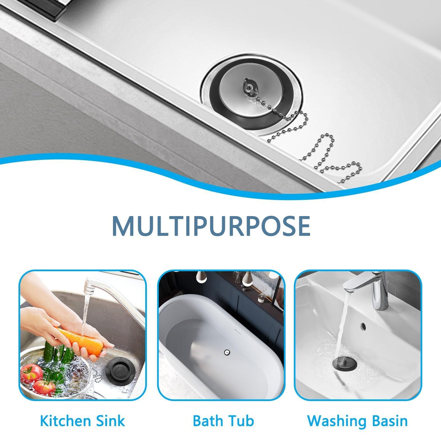 2 Pcs Bath Plug,42mm to 45mm Bath Plug and Chain,Universalbathplug Replacement,Universal Bathplug with 40cm Stainless Steel Ball Chain,Drain Stopper