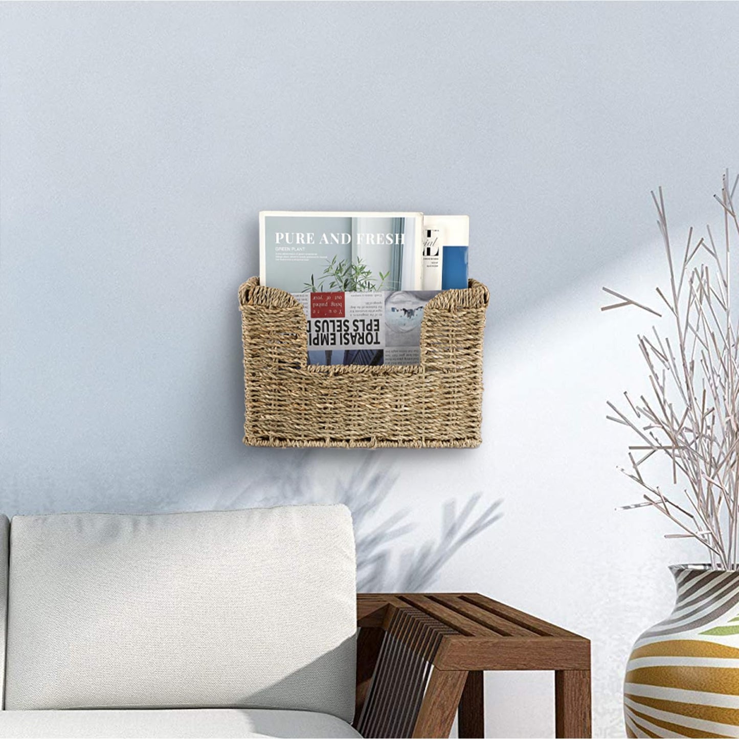 BSTKEY Seagrass Wall Mounted Mail Organizer with Handle, 30.5 * 11 * 20cm
