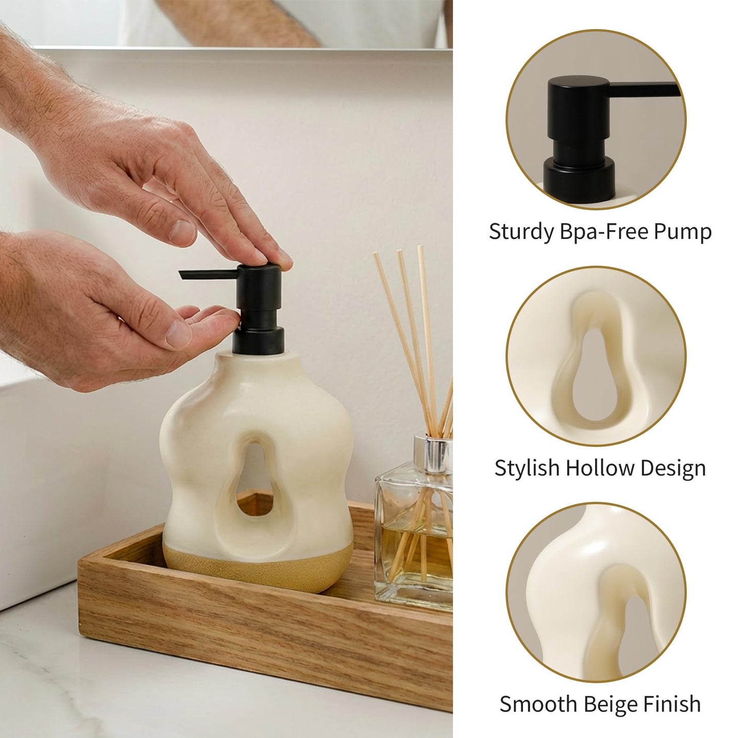 BosilunLife Bathroom Accessories Set of 4 - Beige&Orange Bathroom Countetop Soap Set Lotion Soap Dispenser Sets Toothbrush Holder and Soap Dish