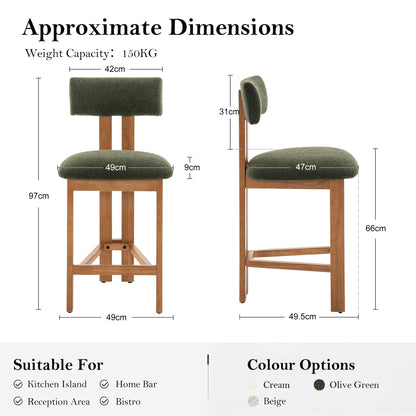 younturn Retro Mid Century Bar Stools Set of 2, Comfort Padded Boucle Upholstered Seats Breakfast Barstools with Backrest and Solid Wooden Legs