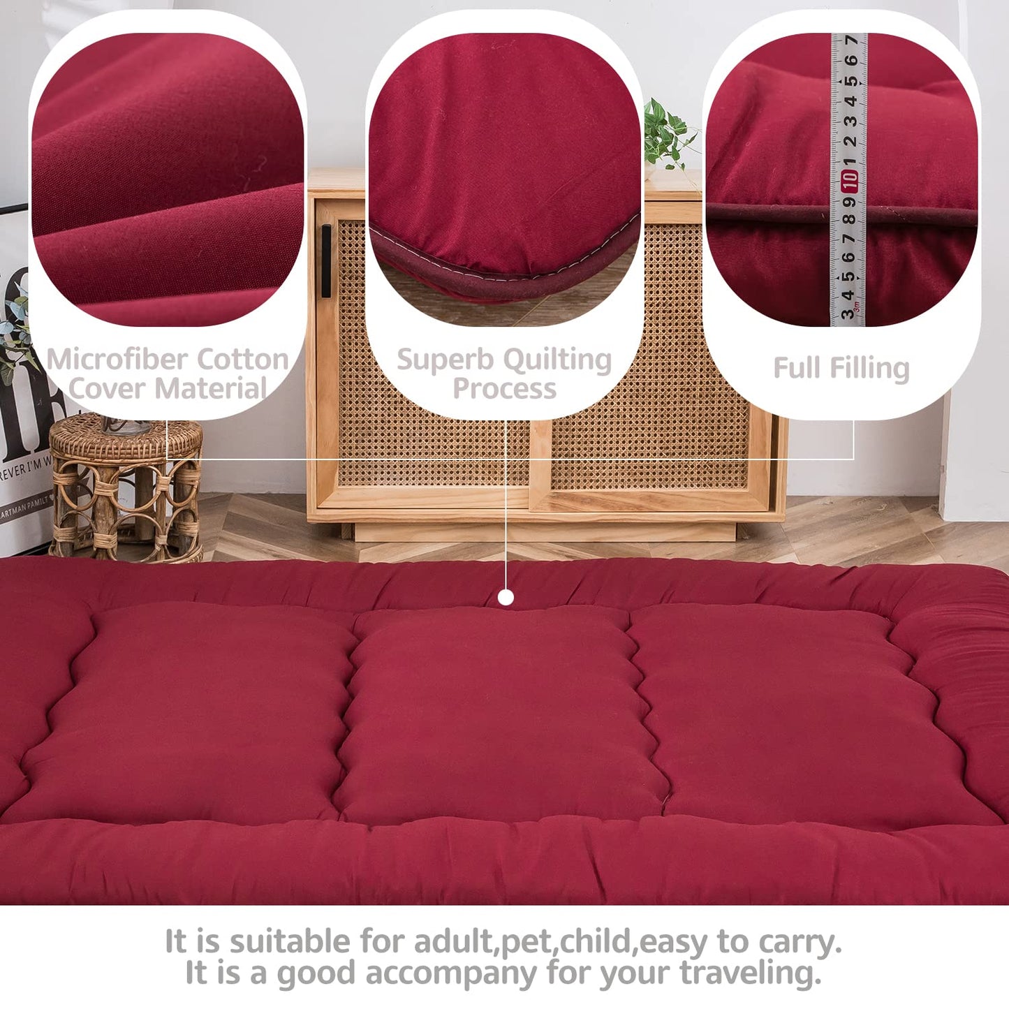 MAXYOYO Japanese Floor Futon Mattress, Thicken Tatami Sleeping Pad Foldable Roll Up Dormitory Mat Pad Floor Lounger Pillow Bed (Burgundy,Single)