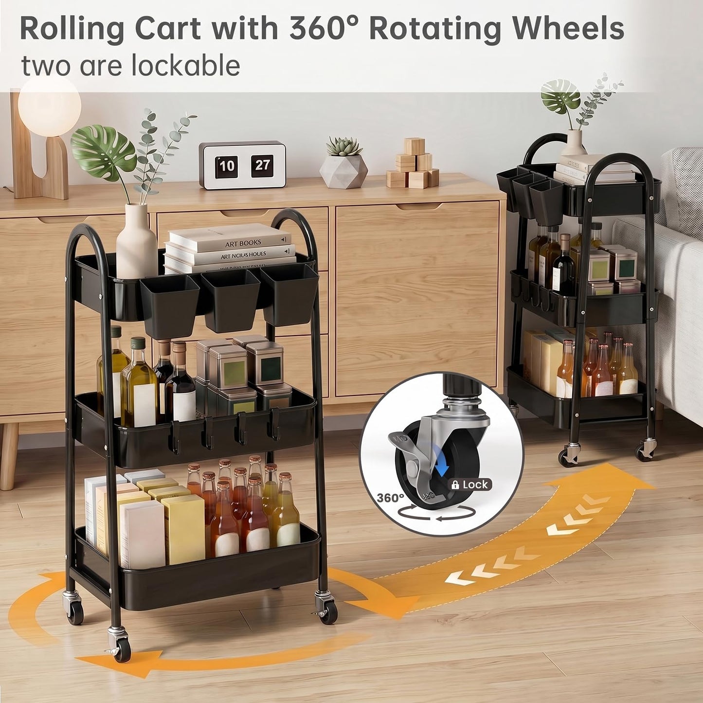 danpinera 3-Tier storage trolley, Metal storage cart with Lockable Wheels & Hanging Cups & Hooks, storage trolley on wheels for bathroom, kitchen