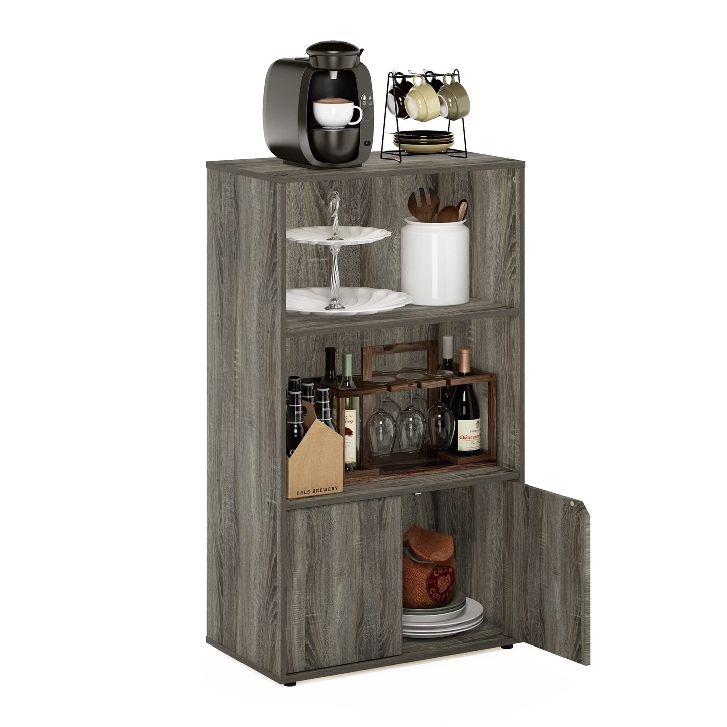 Furinno JAYA Pantry Organizers, 3-Tier Kitchen Cabinet, Coffee Bar, Kitchen Storage with Open Shelves and Closed Cabinet